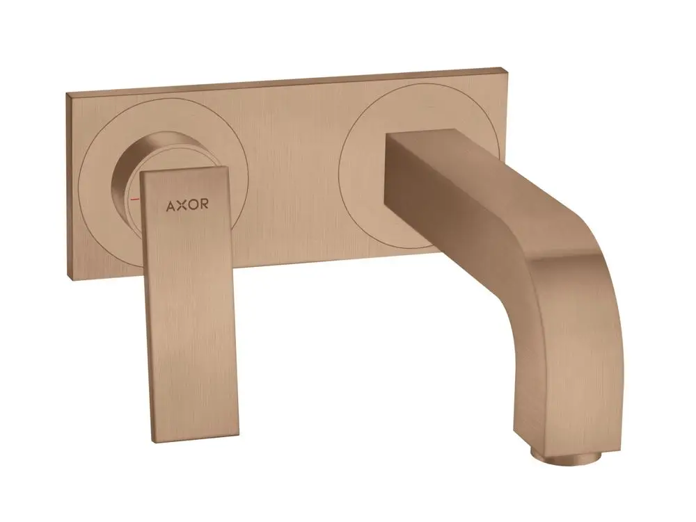 Waschtischmischer von AXOR für Unterputzmontage mit Hebelgriff und einem gebogenen Auslauf in einer gebürsteten rosegoldenen Oberfläche.